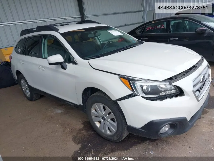 2016 Subaru Outback 2.5I Premium VIN: 4S4BSACC0G3273751 Lot: 39954862