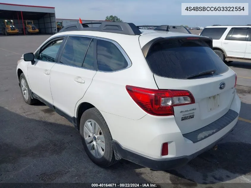 2016 Subaru Outback 2.5I Premium VIN: 4S4BSBCC6G3322554 Lot: 40164671