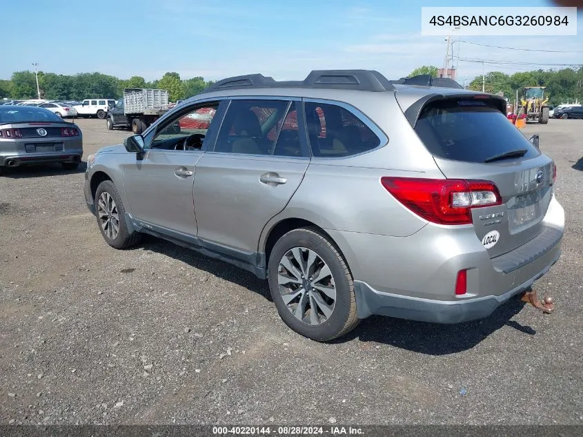 2016 Subaru Outback 2.5I Limited VIN: 4S4BSANC6G3260984 Lot: 40220144