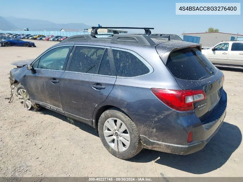 2016 Subaru Outback 2.5I Premium VIN: 4S4BSACC8G3276400 Lot: 40227745