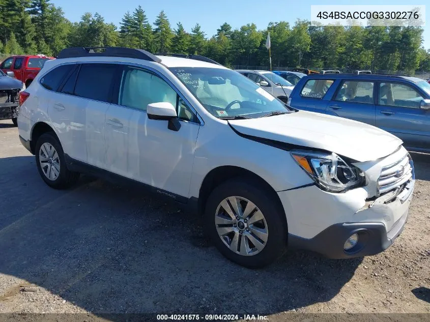 2016 Subaru Outback 2.5I Premium VIN: 4S4BSACC0G3302276 Lot: 40241575