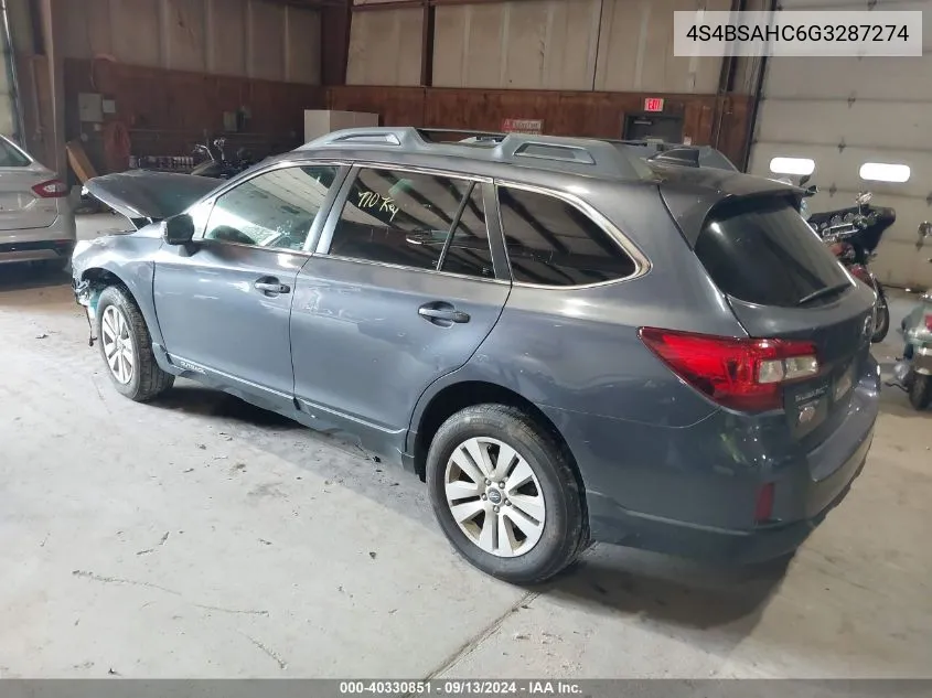 2016 Subaru Outback 2.5I Premium VIN: 4S4BSAHC6G3287274 Lot: 40330851