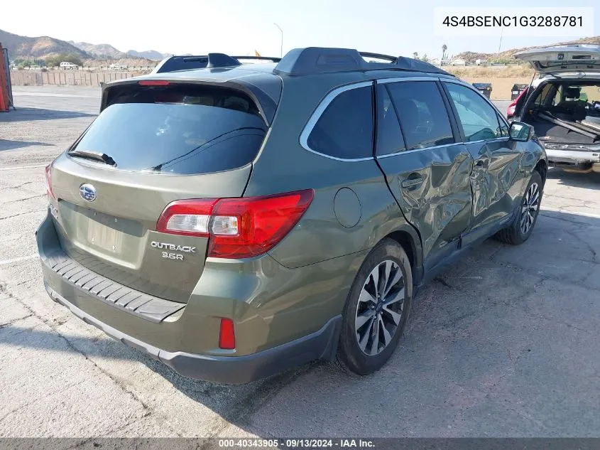 2016 Subaru Outback 3.6R Limited VIN: 4S4BSENC1G3288781 Lot: 40343905