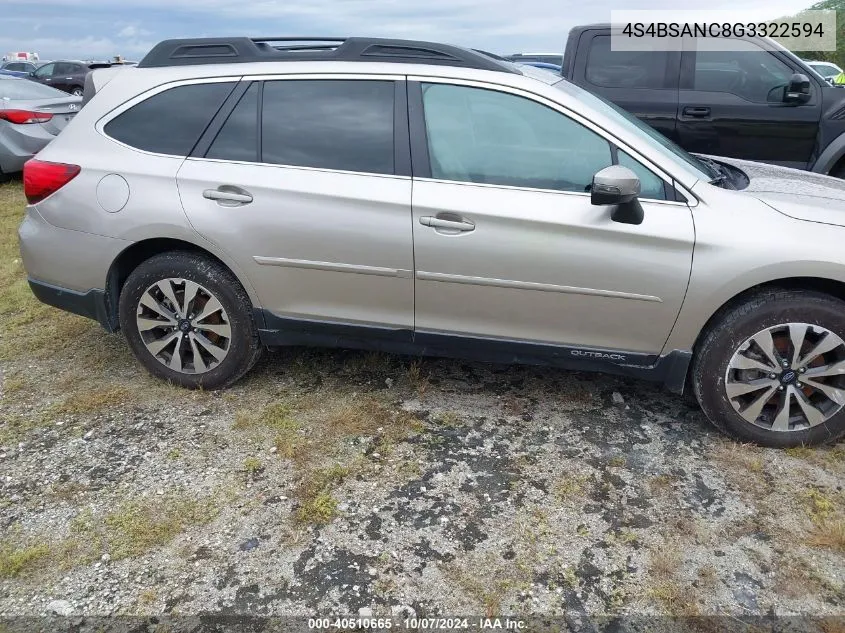 2016 Subaru Outback 2.5I Limited VIN: 4S4BSANC8G3322594 Lot: 40510665