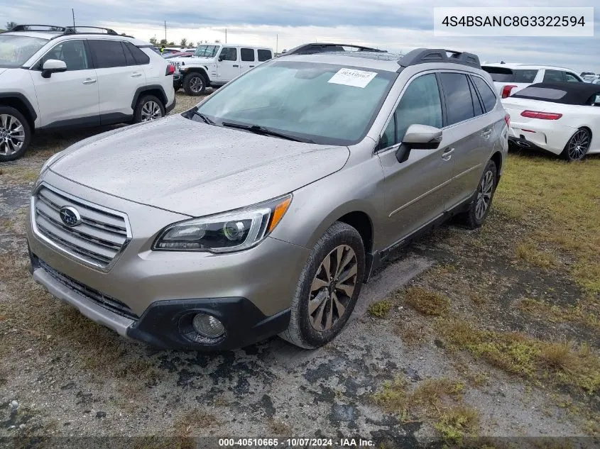 2016 Subaru Outback 2.5I Limited VIN: 4S4BSANC8G3322594 Lot: 40510665