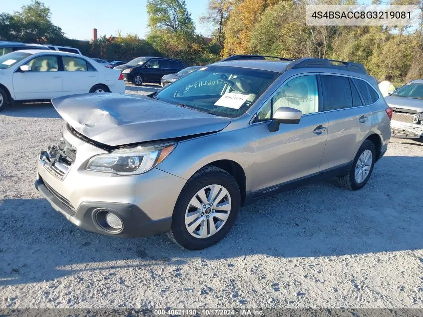 2016 Subaru Outback 2.5I Premium VIN: 4S4BSACC8G3219081 Lot: 40621190