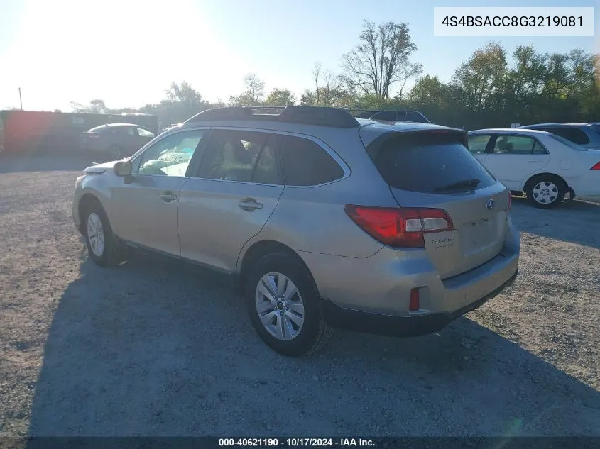 2016 Subaru Outback 2.5I Premium VIN: 4S4BSACC8G3219081 Lot: 40621190