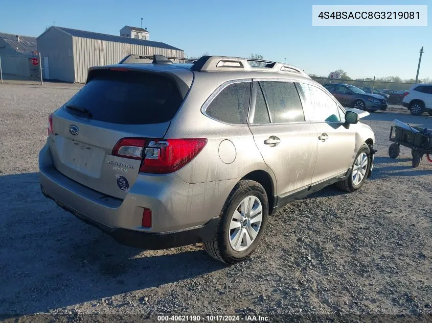 2016 Subaru Outback 2.5I Premium VIN: 4S4BSACC8G3219081 Lot: 40621190