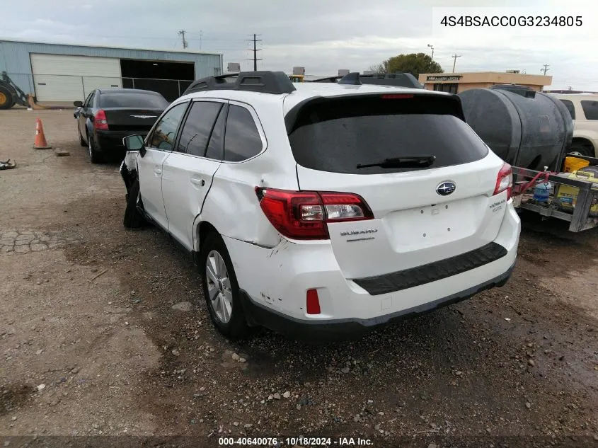 2016 Subaru Outback 2.5I Premium VIN: 4S4BSACC0G3234805 Lot: 40640076