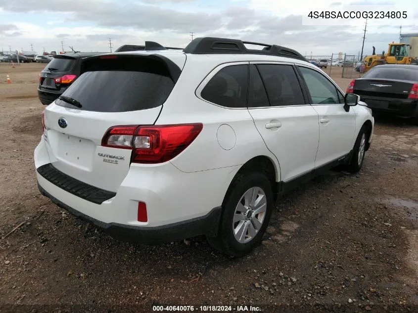 2016 Subaru Outback 2.5I Premium VIN: 4S4BSACC0G3234805 Lot: 40640076