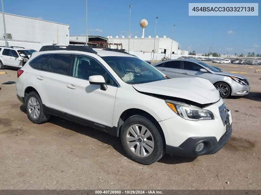 2016 Subaru Outback 2.5I Premium VIN: 4S4BSACC3G3327138 Lot: 40726980