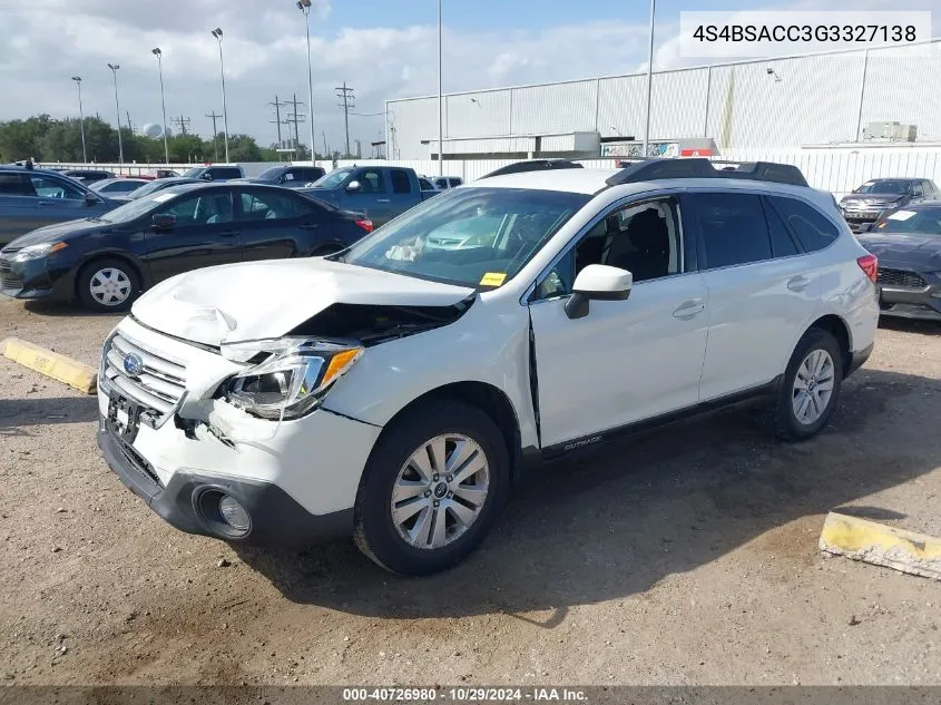 2016 Subaru Outback 2.5I Premium VIN: 4S4BSACC3G3327138 Lot: 40726980