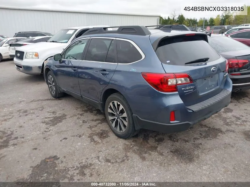 2016 Subaru Outback 2.5I Limited VIN: 4S4BSBNCXG3318035 Lot: 40732080