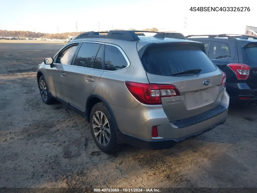 2016 Subaru Outback 3.6R Limited VIN: 4S4BSENC4G3326276 Lot: 40753068