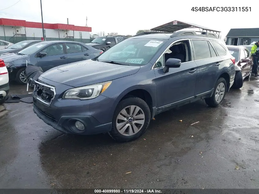 2016 Subaru Outback 2.5I Premium VIN: 4S4BSAFC3G3311551 Lot: 40899980