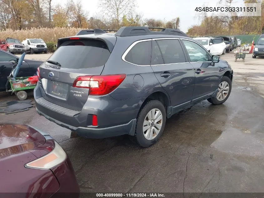 2016 Subaru Outback 2.5I Premium VIN: 4S4BSAFC3G3311551 Lot: 40899980