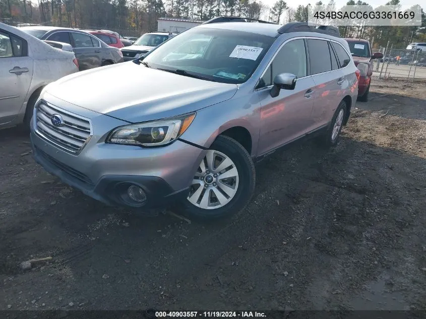 2016 Subaru Outback 2.5I Premium VIN: 4S4BSACC6G3361669 Lot: 40903557