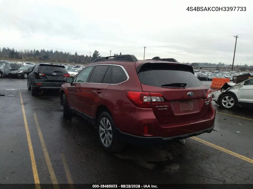 2017 Subaru Outback 2.5I Limited VIN: 4S4BSAKC0H3397733 Lot: 39485373