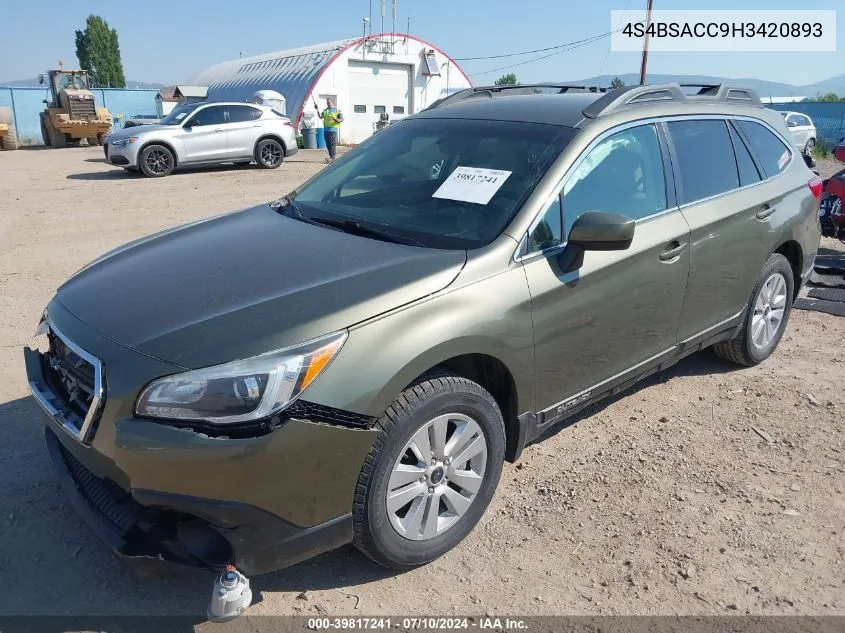 2017 Subaru Outback 2.5I Premium VIN: 4S4BSACC9H3420893 Lot: 39817241