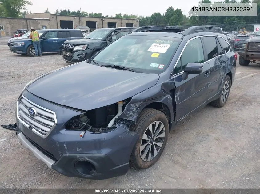 2017 Subaru Outback 2.5I Limited VIN: 4S4BSANC3H3322391 Lot: 39961343