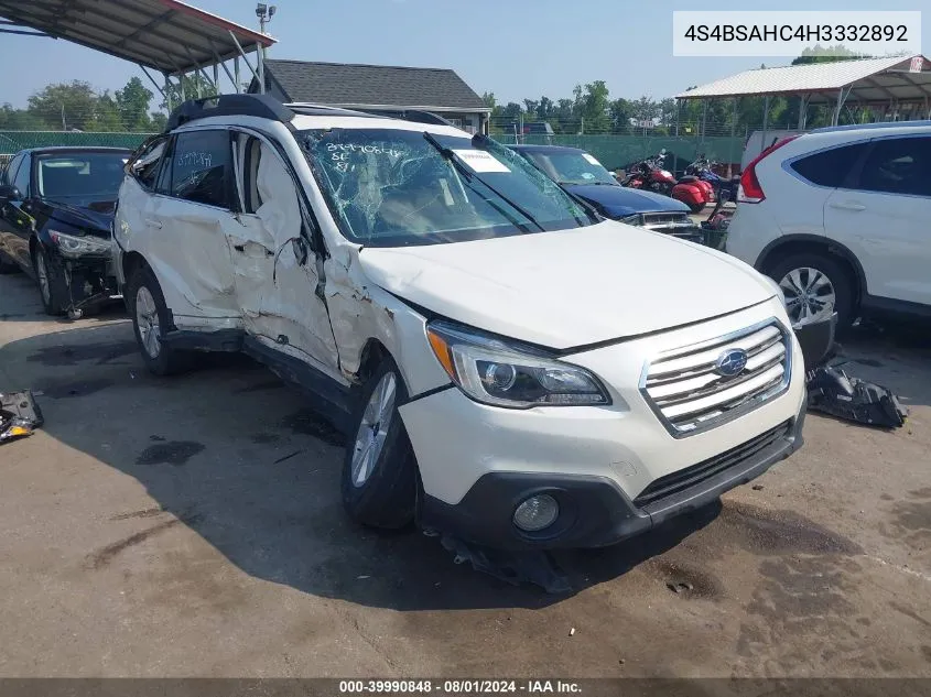 2017 Subaru Outback 2.5I Premium VIN: 4S4BSAHC4H3332892 Lot: 39990848