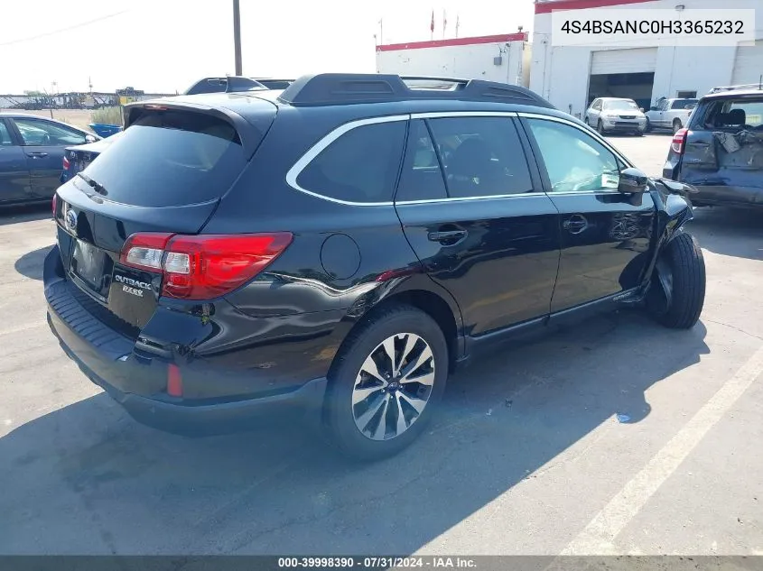 2017 Subaru Outback 2.5I Limited VIN: 4S4BSANC0H3365232 Lot: 39998390