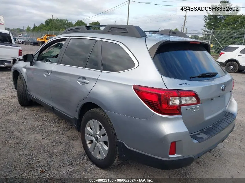 2017 Subaru Outback 2.5I Premium VIN: 4S4BSADC5H3332602 Lot: 40022180