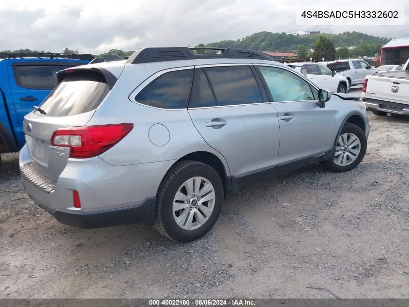 2017 Subaru Outback 2.5I Premium VIN: 4S4BSADC5H3332602 Lot: 40022180