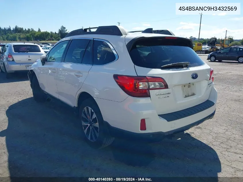 2017 Subaru Outback 2.5I Limited VIN: 4S4BSANC9H3432569 Lot: 40140393