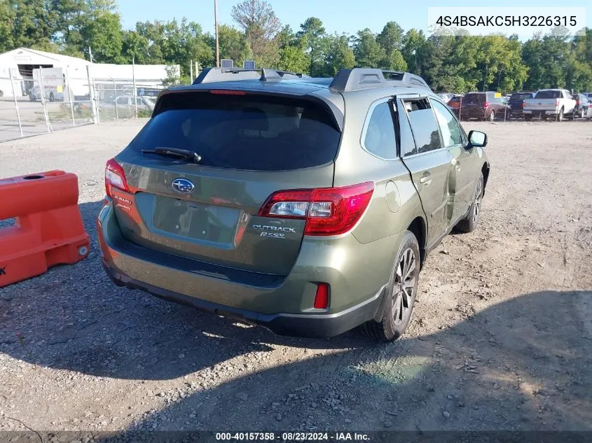 2017 Subaru Outback 2.5I Limited VIN: 4S4BSAKC5H3226315 Lot: 40157358