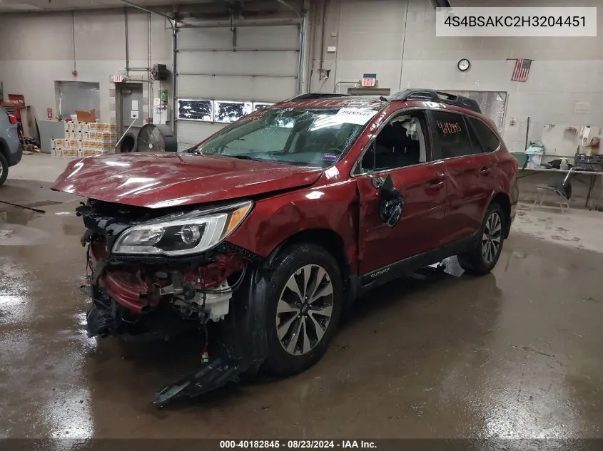 2017 Subaru Outback 2.5I Limited VIN: 4S4BSAKC2H3204451 Lot: 40182845