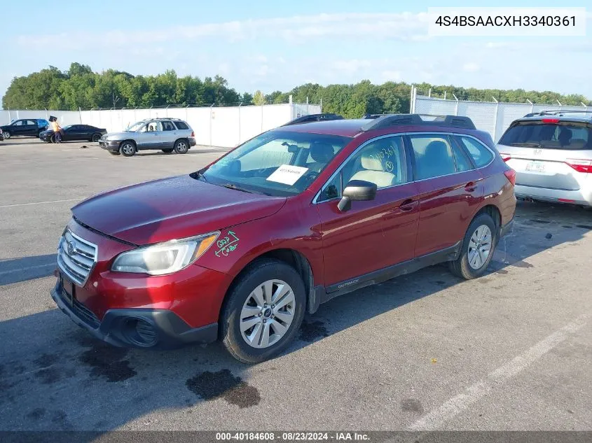 2017 Subaru Outback 2.5I VIN: 4S4BSAACXH3340361 Lot: 40184608