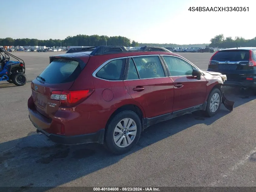 2017 Subaru Outback 2.5I VIN: 4S4BSAACXH3340361 Lot: 40184608