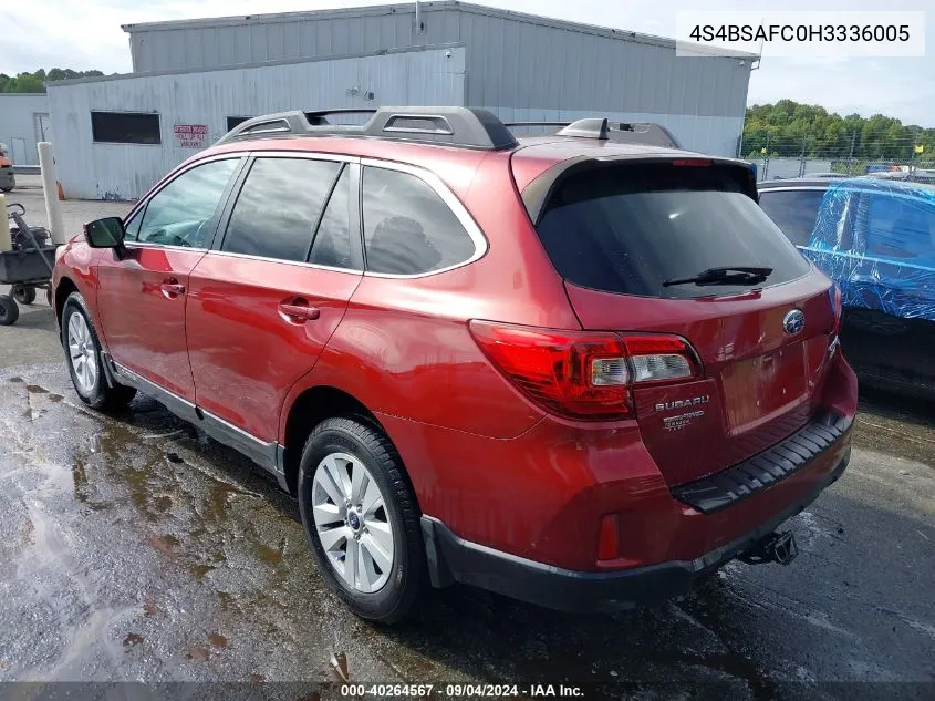 2017 Subaru Outback 2.5I Premium VIN: 4S4BSAFC0H3336005 Lot: 40264567