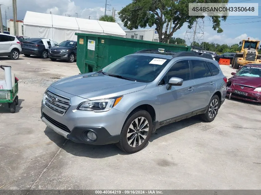 2017 Subaru Outback 2.5I Limited VIN: 4S4BSANC0H3350648 Lot: 40364219