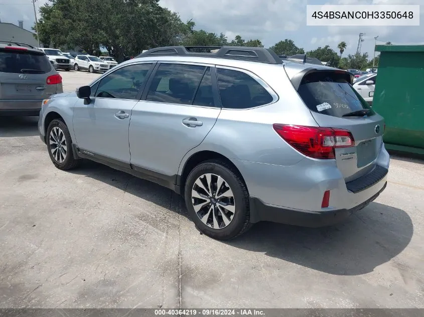 2017 Subaru Outback 2.5I Limited VIN: 4S4BSANC0H3350648 Lot: 40528227