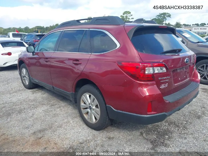 2017 Subaru Outback 2.5I Premium VIN: 4S4BSAHCXH3338387 Lot: 40474455