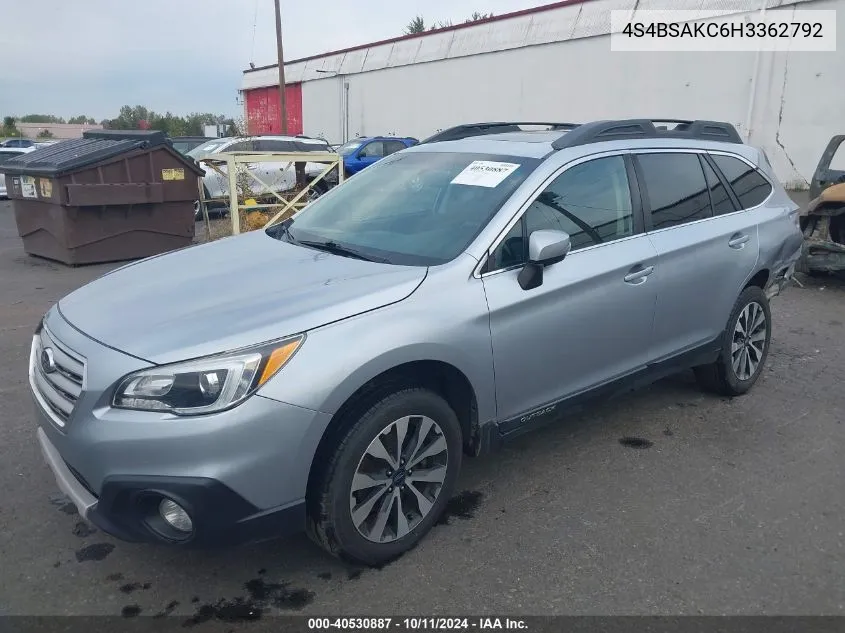 4S4BSAKC6H3362792 2017 Subaru Outback 2.5I Limited