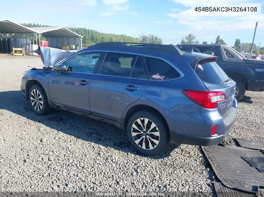 2017 Subaru Outback 2.5I Limited VIN: 4S4BSAKC3H3264108 Lot: 40533131