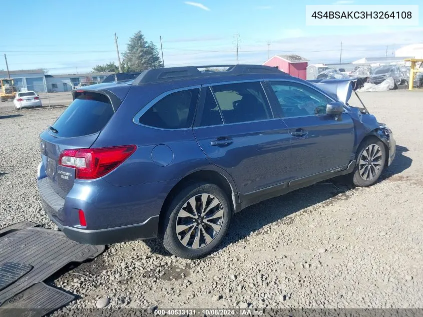 2017 Subaru Outback 2.5I Limited VIN: 4S4BSAKC3H3264108 Lot: 40533131