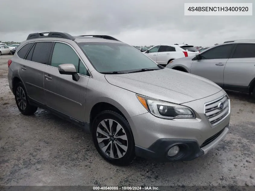 2017 Subaru Outback 3.6R Limited VIN: 4S4BSENC1H3400920 Lot: 40540085