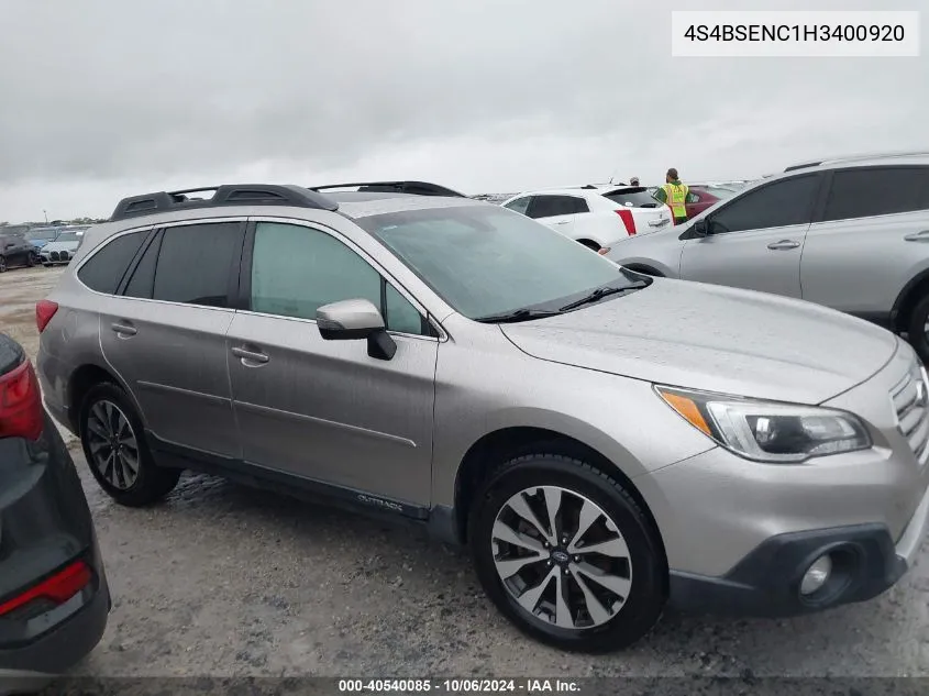 2017 Subaru Outback 3.6R Limited VIN: 4S4BSENC1H3400920 Lot: 40540085