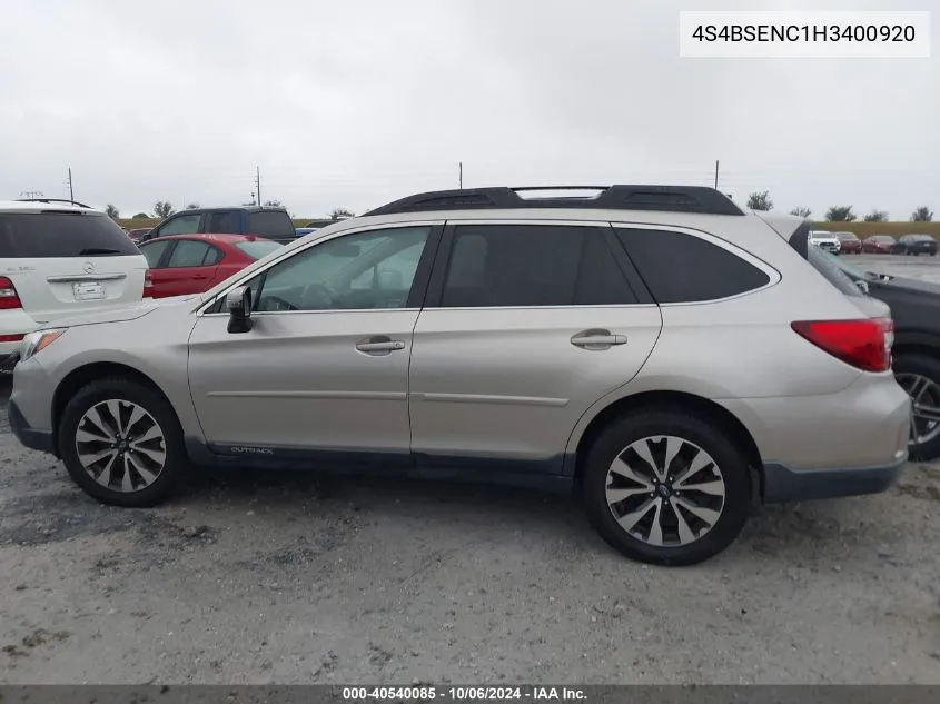 2017 Subaru Outback 3.6R Limited VIN: 4S4BSENC1H3400920 Lot: 40540085