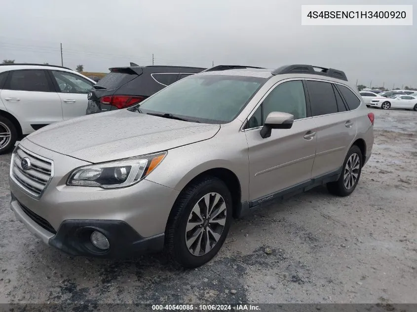 2017 Subaru Outback 3.6R Limited VIN: 4S4BSENC1H3400920 Lot: 40540085