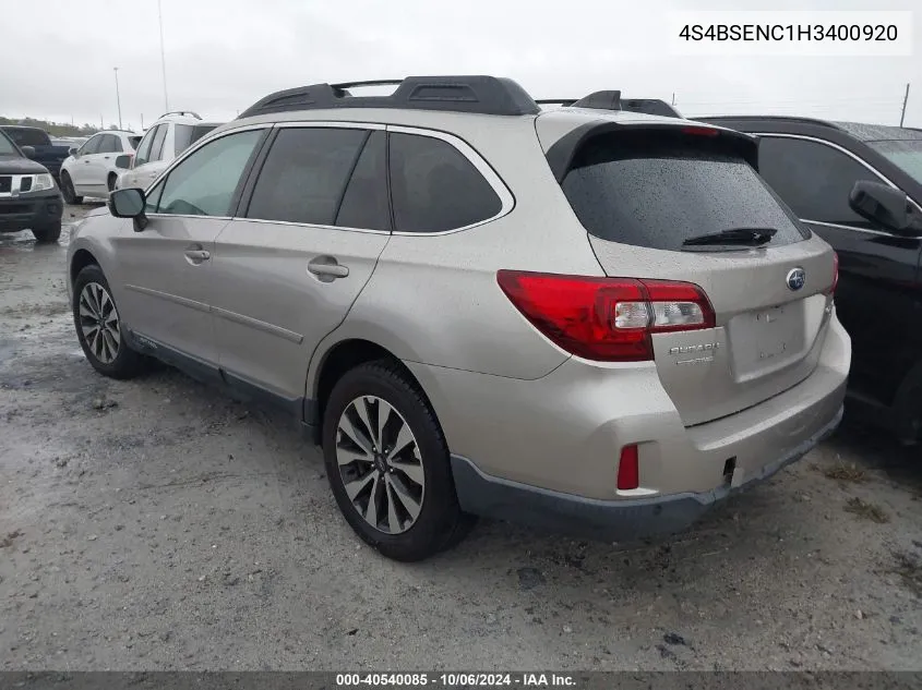 2017 Subaru Outback 3.6R Limited VIN: 4S4BSENC1H3400920 Lot: 40540085