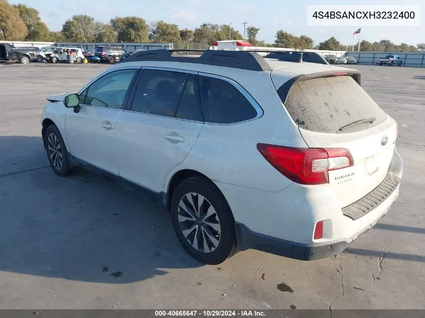 2017 Subaru Outback 2.5I Limited VIN: 4S4BSANCXH3232400 Lot: 40665647