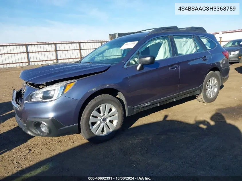 2017 Subaru Outback 2.5I VIN: 4S4BSAAC3H3368759 Lot: 40692391