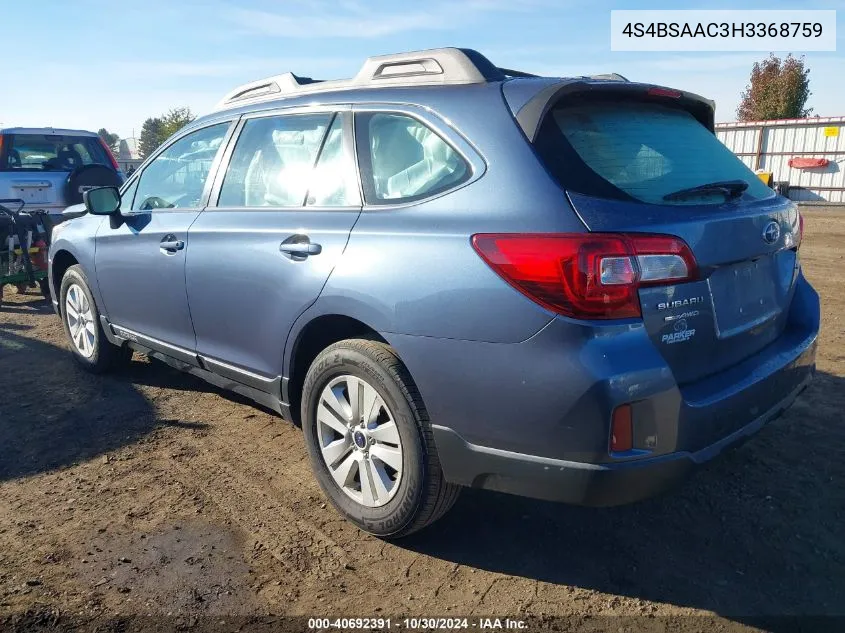 2017 Subaru Outback 2.5I VIN: 4S4BSAAC3H3368759 Lot: 40692391