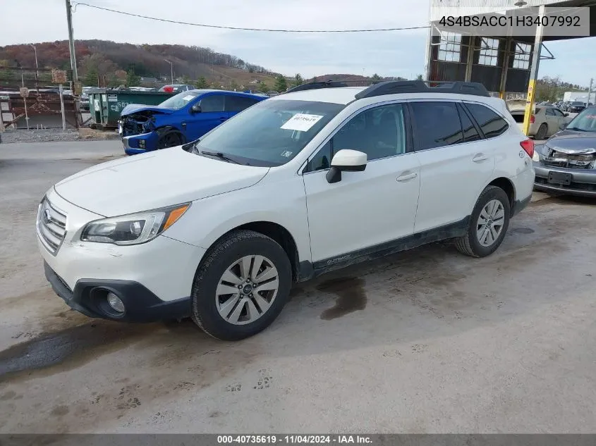 2017 Subaru Outback 2.5I Premium VIN: 4S4BSACC1H3407992 Lot: 40735619