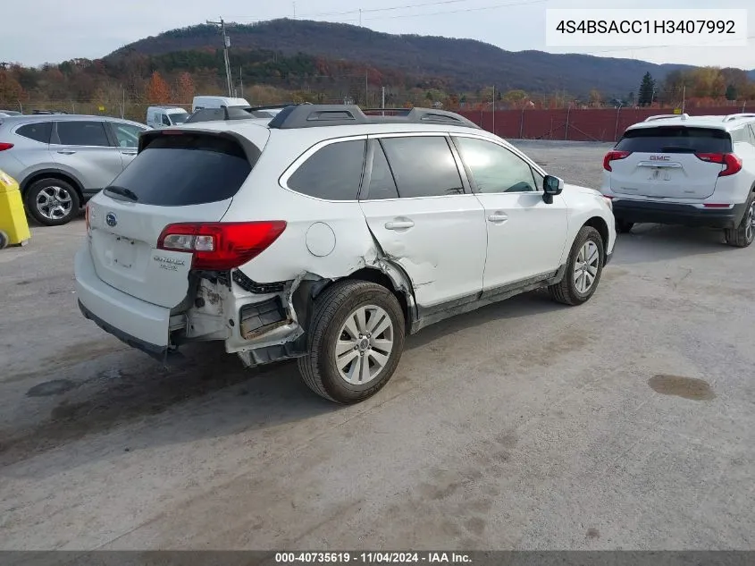 2017 Subaru Outback 2.5I Premium VIN: 4S4BSACC1H3407992 Lot: 40735619